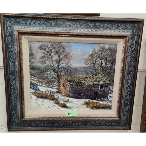 851 - J Mason:  oil on canvas, winter scene with farm building and sheep, signed, 24 x 29cm, framed