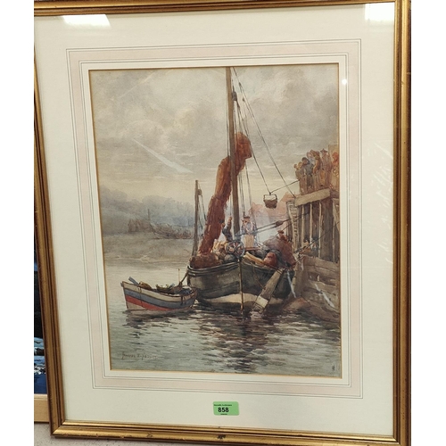 858 - Frances E Nesbitt:  watercolour, fishing vessel unloading catch, signed, 44 x 34cm, framed