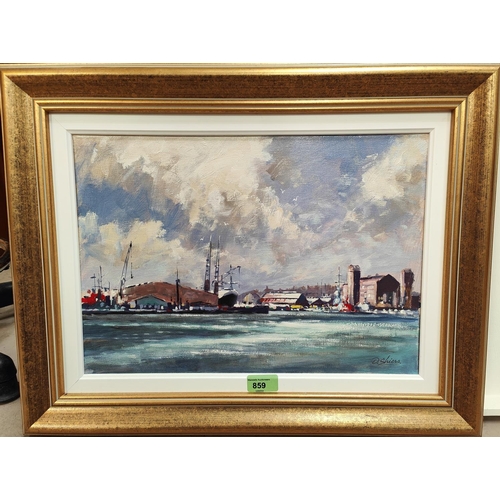 859 - David Shiers:  oil on board, Birkenhead Docks, signed, 29 x 41cm, framed