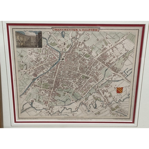 864 - An engraved 19h century map of Manchester, 20 x 25cm; another of the Isle of Wight; other framed pri... 