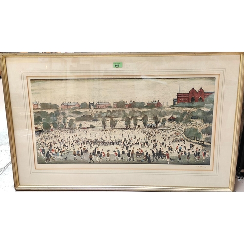 866 - Laurence Stephen Lowry:  Peel Park, artist signed print, with blind stamp, 40 x 78cm, framed and gla... 