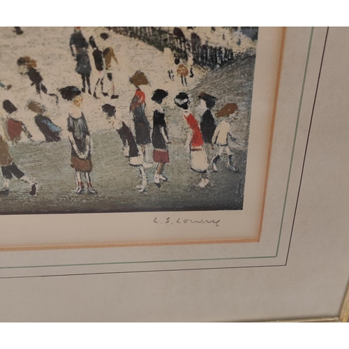 866 - Laurence Stephen Lowry:  Peel Park, artist signed print, with blind stamp, 40 x 78cm, framed and gla... 