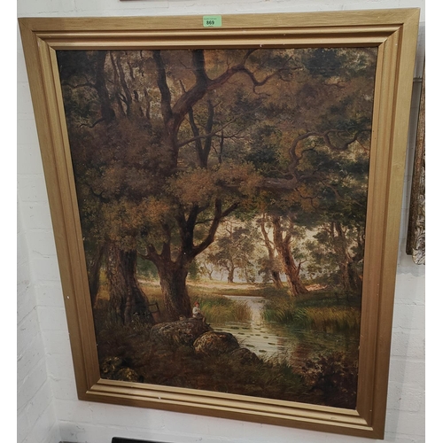 869 - BRITISH, 19th century, WILKINSON? oil on canvas woodland scene with river and boy fishing, indistinc... 