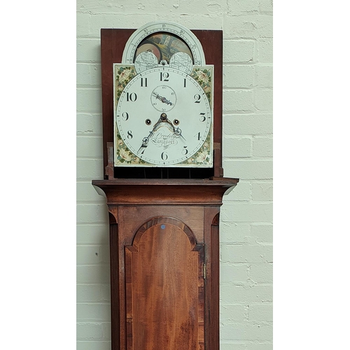 912 - An early 19th century mahogany longcase clock with crossbanded decoration, the hood with brass finia... 