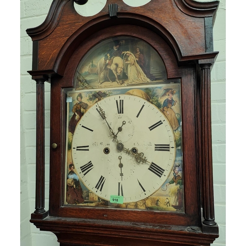 918 - An early 19th century oak and mahogany longcase clock, with swan neck pediment and reeded side colum... 