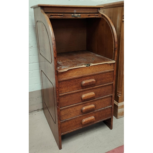 947 - An unusually narrow oak cabinet with roll top and 4 drawers below, width 55cm (locked, no key a.f)