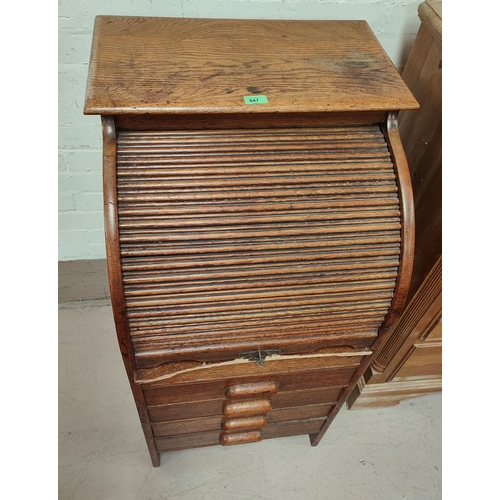 947 - An unusually narrow oak cabinet with roll top and 4 drawers below, width 55cm (locked, no key a.f)