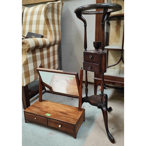 964 - A Georgian style mahogany shaving stand, three feet, two small drawers, a mahogany dressing mirror, ... 