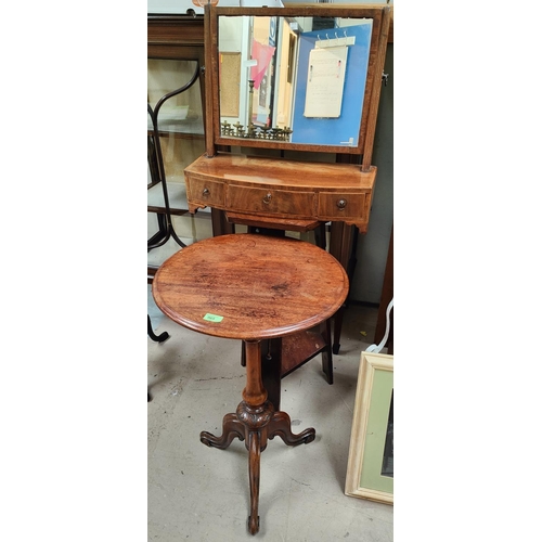 965 - An inlaid mahogany dressing mirror with 3 drawers below and a mahogany circular pedestal tale on thr... 