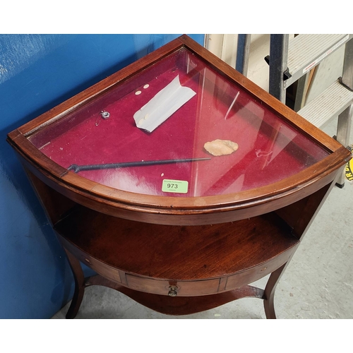 973 - A mahogany corner fitting bijouterie top display with shelf and drawer under