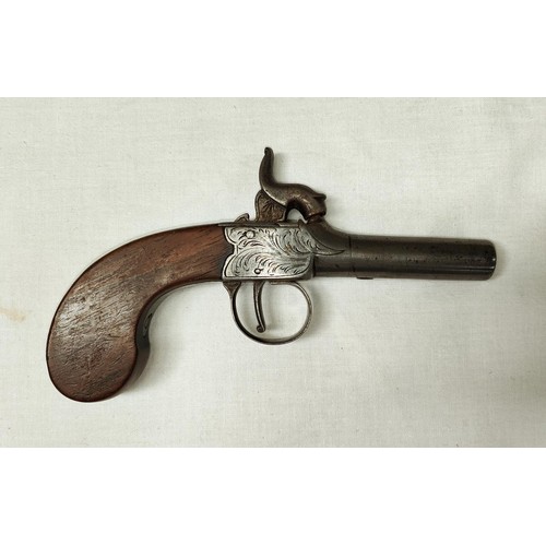 81 - A 19th century muff/pocket percussion pistol, muzzle loading with mahogany grip and scrolled decorat... 