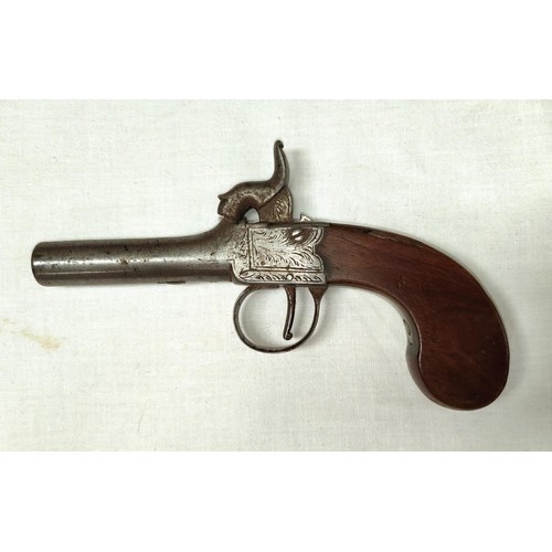 81 - A 19th century muff/pocket percussion pistol, muzzle loading with mahogany grip and scrolled decorat... 