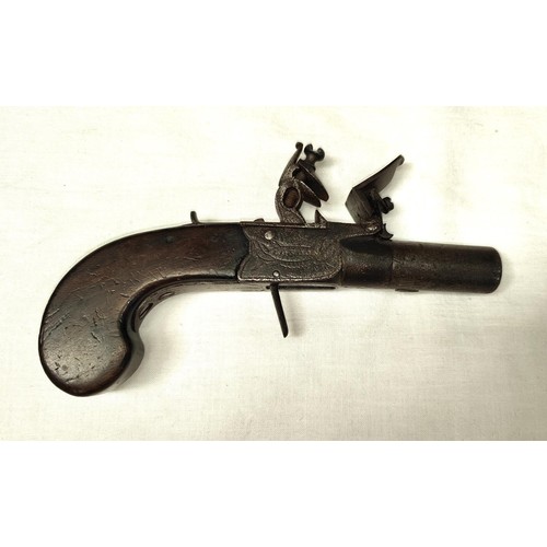 82 - A 19th century muff/pocket flintlock pistol, muzzle loading with mahogany grip, named 'H Nock London... 