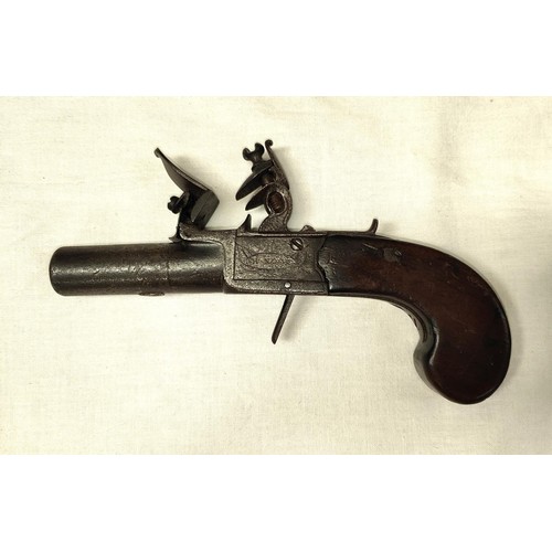 82 - A 19th century muff/pocket flintlock pistol, muzzle loading with mahogany grip, named 'H Nock London... 