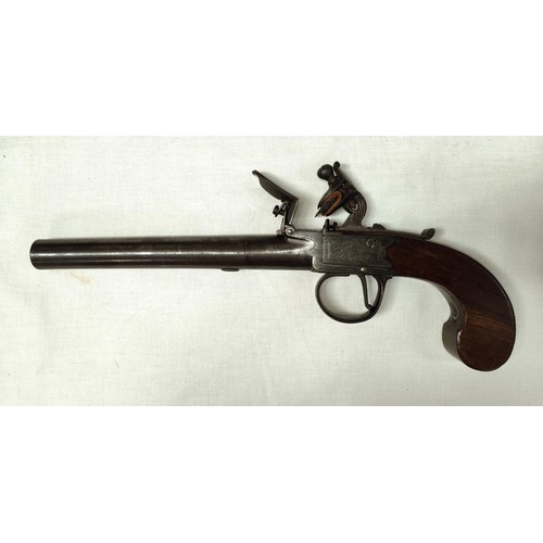 83 - A 19th century flintlock pistol, muzzle loading with box lock action, unusually long barrel with mah... 