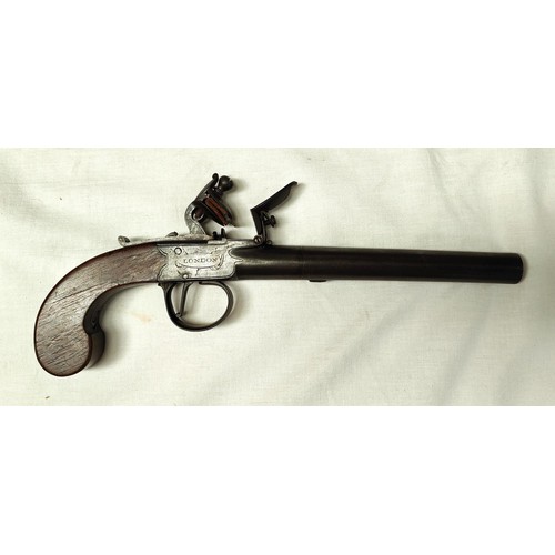 83 - A 19th century flintlock pistol, muzzle loading with box lock action, unusually long barrel with mah... 