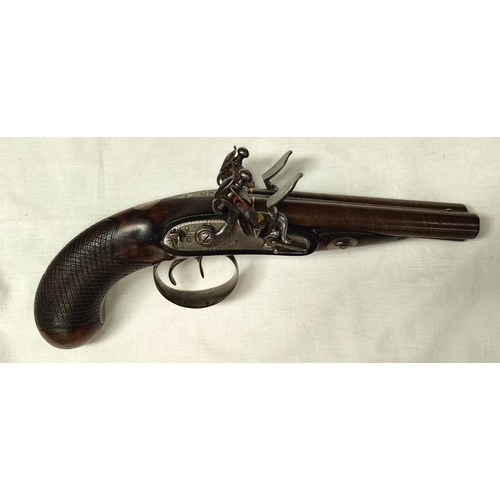 87 - A 19th century carriage pistol, side by side double barrelled, gold bands at breech, engraved metalw... 