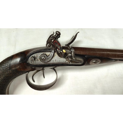 87 - A 19th century carriage pistol, side by side double barrelled, gold bands at breech, engraved metalw... 