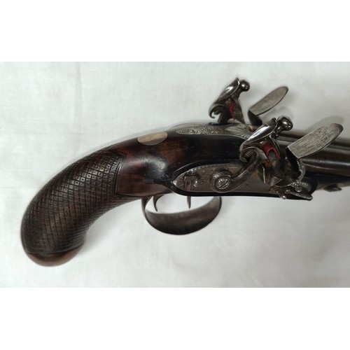 87 - A 19th century carriage pistol, side by side double barrelled, gold bands at breech, engraved metalw... 