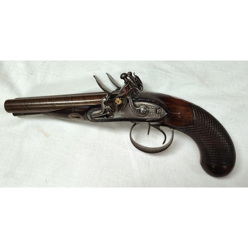 87 - A 19th century carriage pistol, side by side double barrelled, gold bands at breech, engraved metalw... 