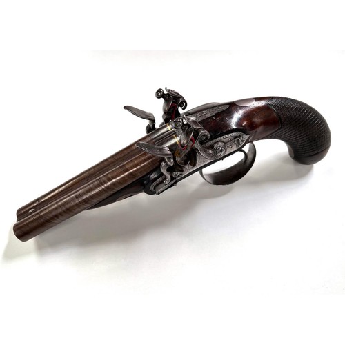 87 - A 19th century carriage pistol, side by side double barrelled, gold bands at breech, engraved metalw... 