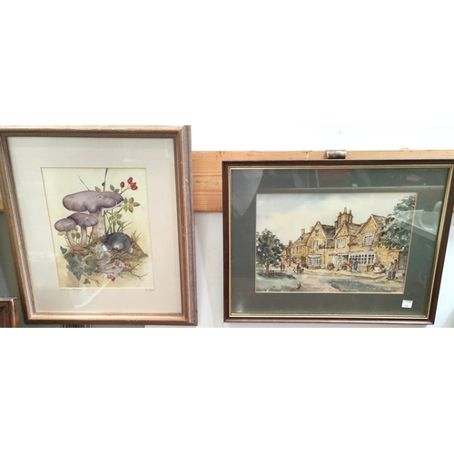 69A - A signed print after Anne Jones, Mole, framed and glazed and a local watercolour by Wilton