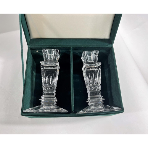 508C - A pair of boxed glass candle sticks for Neiman Marcus of square form