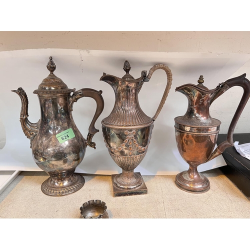 624 - A silver on copper coffee pot of classical form; 2 similar wine jugs