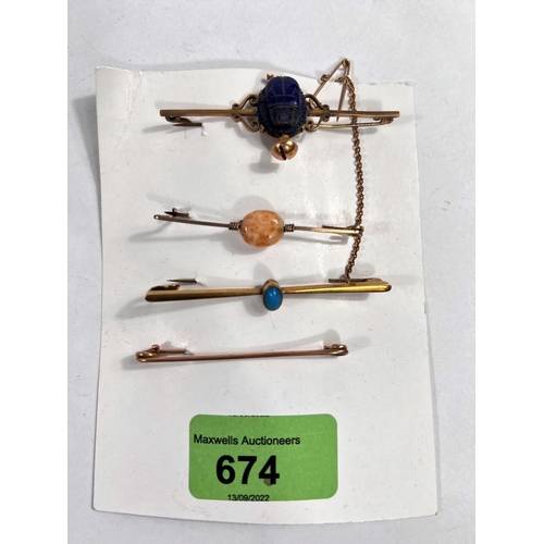 674 - An Edwardian bar brooch lapis lazuli scarab beetle bisected by a screw; 3 other bar brooches