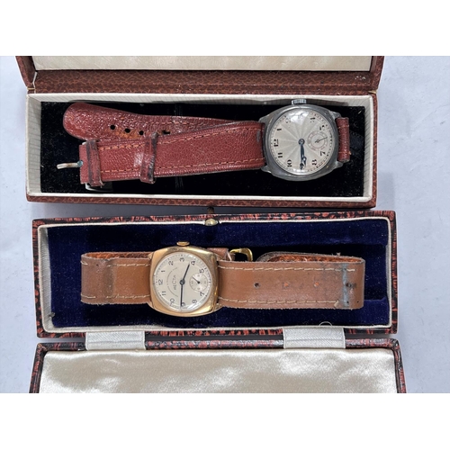 691 - A gent's 9 carat gold cased wristwatch; a similar in silver case