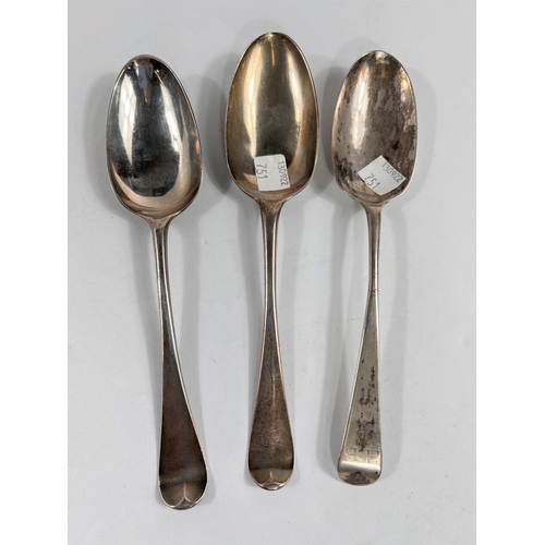 751 - An 18th century silver tablespoon with picture back, London 1774; 2 other 18th century spoons, 5.3oz... 