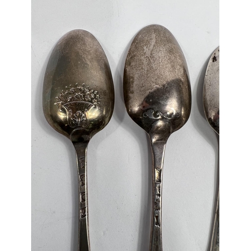 751 - An 18th century silver tablespoon with picture back, London 1774; 2 other 18th century spoons, 5.3oz... 