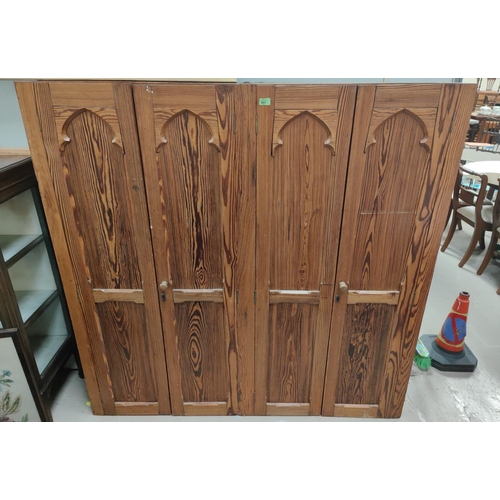 931 - A 19th century pitch pine full height side cabinet with 4 doors (o base or top)153 x 153 x 27 depth... 