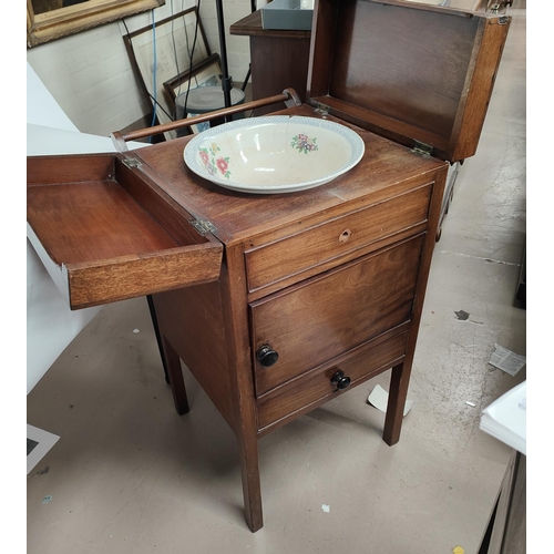 970 - A Georgian mahogany fold out wash stand with stained legs, ceramic bowl to the interior (a.f)