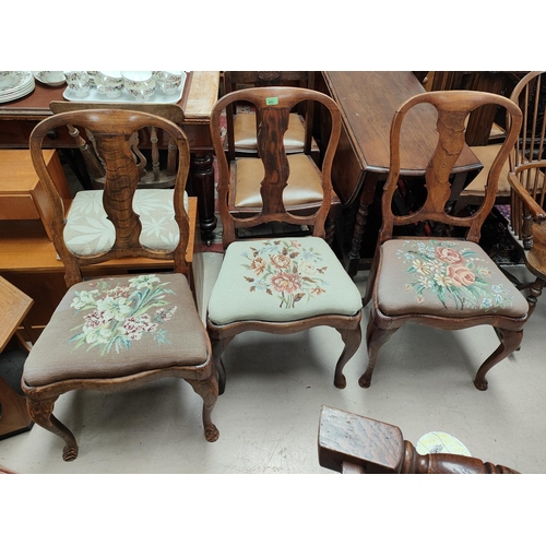 982 - Three oak Country made dining chairs with cabriole legs, s-shaped upright etc, two mahogany Sheraton... 