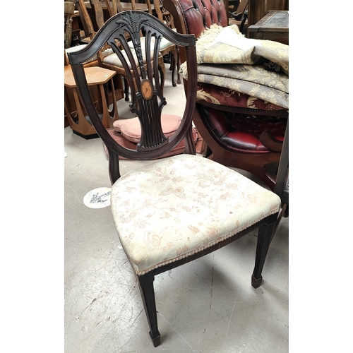 982 - Three oak Country made dining chairs with cabriole legs, s-shaped upright etc, two mahogany Sheraton... 