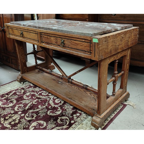 1001 - An Edwardian Asthetic movement side table, Arts and Crafts style stretchers and end supports, 2 draw... 