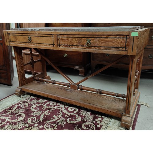 1001 - An Edwardian Asthetic movement side table, Arts and Crafts style stretchers and end supports, 2 draw... 