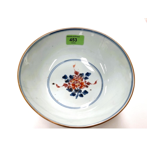 453 - An 18th century Chinese Imari pattern bowl on pedestal foot, with gilt highlights, 18.5cm (multiple ... 