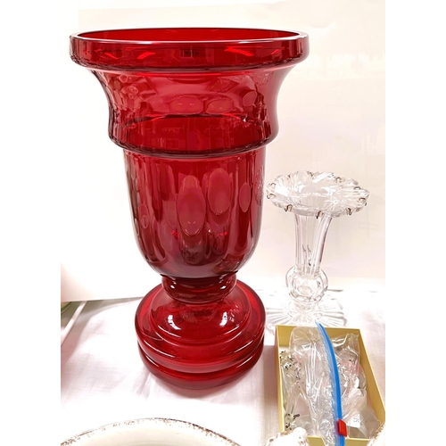 585 - A clear glass lustre with cut drops; a large ruby glass vase; glassware etc.