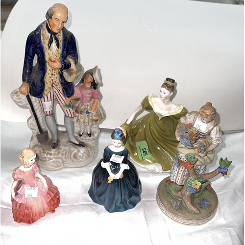 595 - A 19th century Staffordshire group:  Man with spade and child; 2 Royal Doulton ladies:  Ly... 