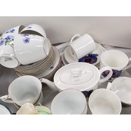 519B - Three part tea services; Wedgwood Blue Anemone, a Danish floral set and a Paragon 1930's green and c... 