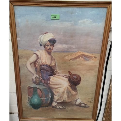 867 - 19th century portrait of a young Arab man, watercolour, unsigned, 60 x 39cm framed and glazed; water... 