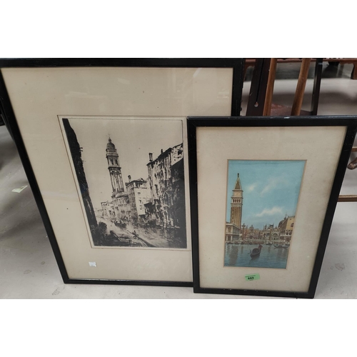 880 - A. TREVISANT, watercolour, Venice with St Marks, signed, 31 x 16cm, framed; an etching of Venice by ... 