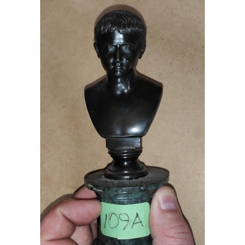 109a - A small classical style bronze, head and shoulder bust of a young man, on marble column