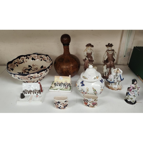 573 - A Masons bowl and 2 small vases;  2 Coalport cottages; an Aynsley covered bowl; a pair of bisque fig... 