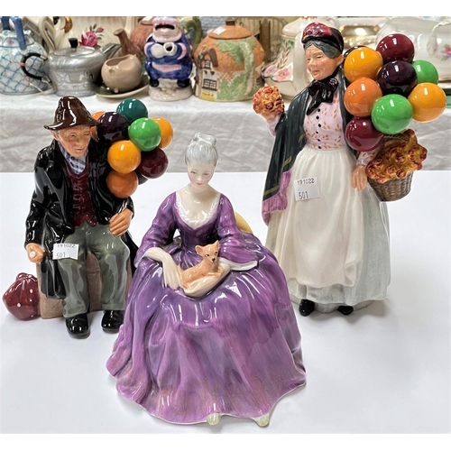 501 - Three Royal Doulton figures 'Biddy Pennyfarthing' HN1843, 'The Balloon Man' HN1954 and 'Charlotte' H... 