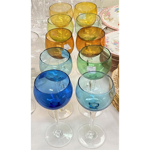 515 - A set of 10 variously coloured tapering stem wine glasses