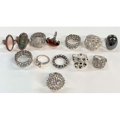 633 - Two hallmarked silver dress rings; 12 others, diamante; etc.