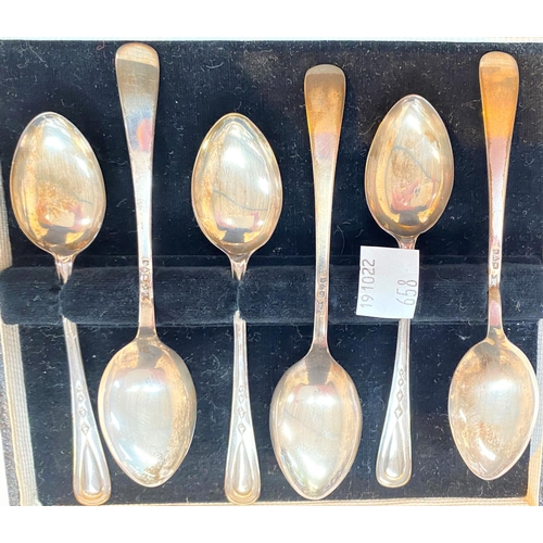 658 - An ornate set of teaspoons and tongs, pastry forks, etc., cased; other cased cutlery